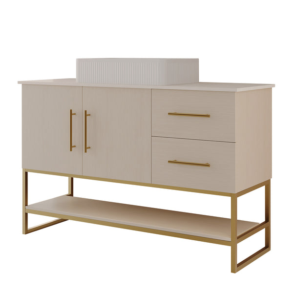 English Elm 47.2" Modern Bathroom Vanity with Ceramic Vessel Sink, Gold Accents, Wood Cabinet, Drawers & Shelf W3136S00027