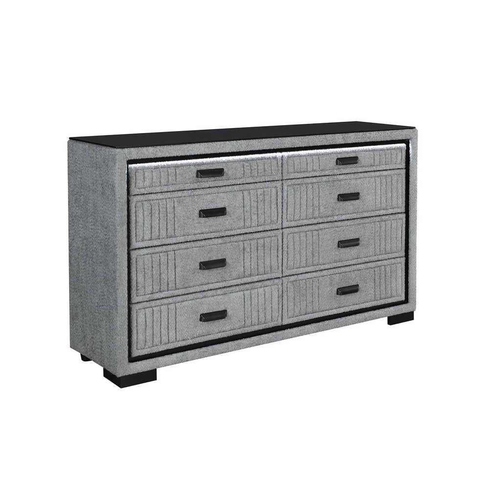 English Elm Isaiah Upholstered Wood Chest with LED Lighting, Spacious Drawers, Black Bar Handles & Block Feet Gray 62.6 L x 18.11 W x 37.6 H B201P391166