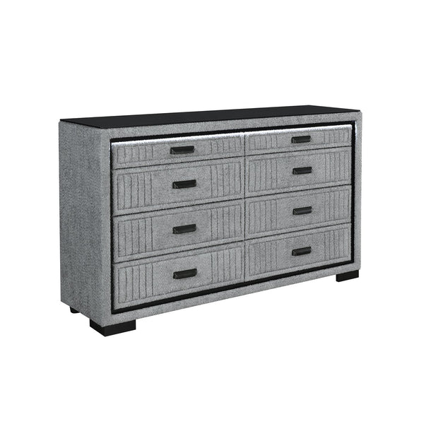 English Elm Isaiah Upholstered Wood Chest with LED Lighting, Spacious Drawers, Black Bar Handles & Block Feet Gray 62.6 L x 18.11 W x 37.6 H B201P391166