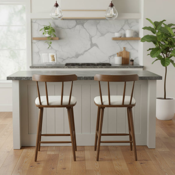 English Elm Christopher Knight Home® - Olivia Windsor-Style Upholstered Counter Stools, Set Of 2, Walnut Finish & Beige Fabric For Timeless Charm N775P346246W