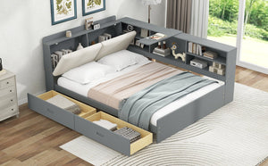 English Elm Wood Full Size platform bed with storage headboard, built-in shelves and drawers, sturdy pine frame, compact solution for small rooms Gray GX002054AAE