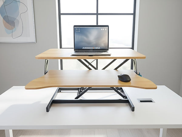 English Elm 32 Inch Sit Stand Desk Converter with Keyboard Tray Dual Monitor Ergonomic Riser Black,Natural W2641P406128