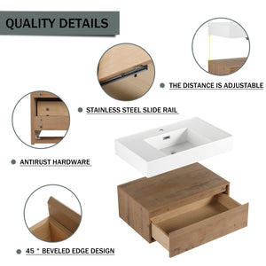 English Elm 30-Inch Wall-Mounted Bathroom Vanity With Resin Sink, Soft-Close Drawer, Modern Oak Finish Design W999S00256