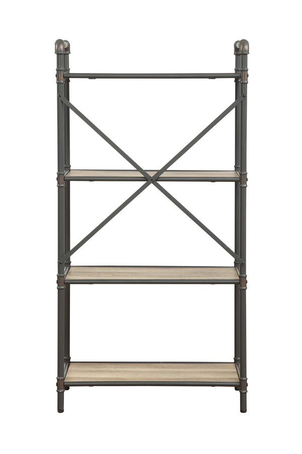English Elm Itzel 4-Tier Antique Oak & Sandy Gray Bookshelf – Open Back Metal Frame, Fixed Wooden Shelves, 23.5" x13.2" B2726P282914