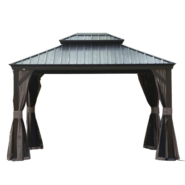English Elm 12' X 14' Hardtop Gazebo with Drainage, Dual-Layer Galvanized Roof, Curtains & Mesh, Brown - Durable Outdoor Shelter for Patio and Garden (UV, Mosquito-Proof) W1859S00140