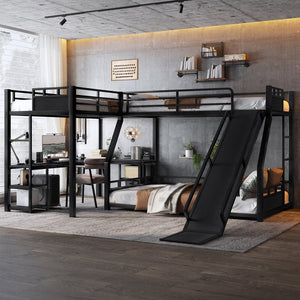 English Elm L-Shaped Metal Bunk Bed With Slide, Twin Loft, Desk & Storage Shelves - Space-Saving Design In Black! W1580S00278