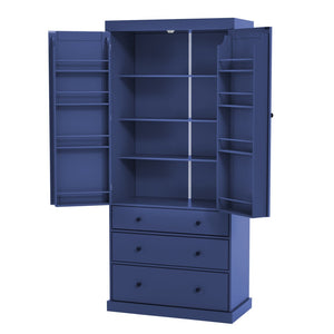 English Elm Topmax Farmhouse Pantry Cabinet 77 Inch Tall Freestanding Kitchen Storage with Drawers Blue N717S000047C