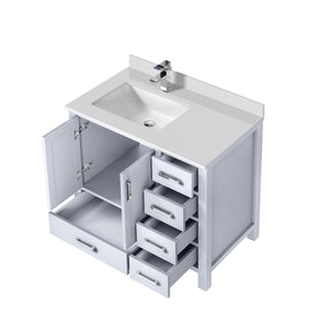 English Elm White 36 in. Bath Vanity with Left Offset White Quartz Top, Faucet Set, Soft-Close Drawers & Storage B2731P259019