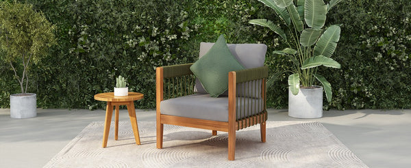 English Elm Christopher Knight Home® - Acacia Wood Outdoor Club Chair with Handwoven Rope, Curved Back & Water-Resistant Cushions for Patio Green,Natural+Grey N767P265743E
