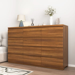 English Elm 12 Drawer Wide Double Dresser Modern Symmetrical Wood Storage Chest for Bedroom Walnut W409S00017