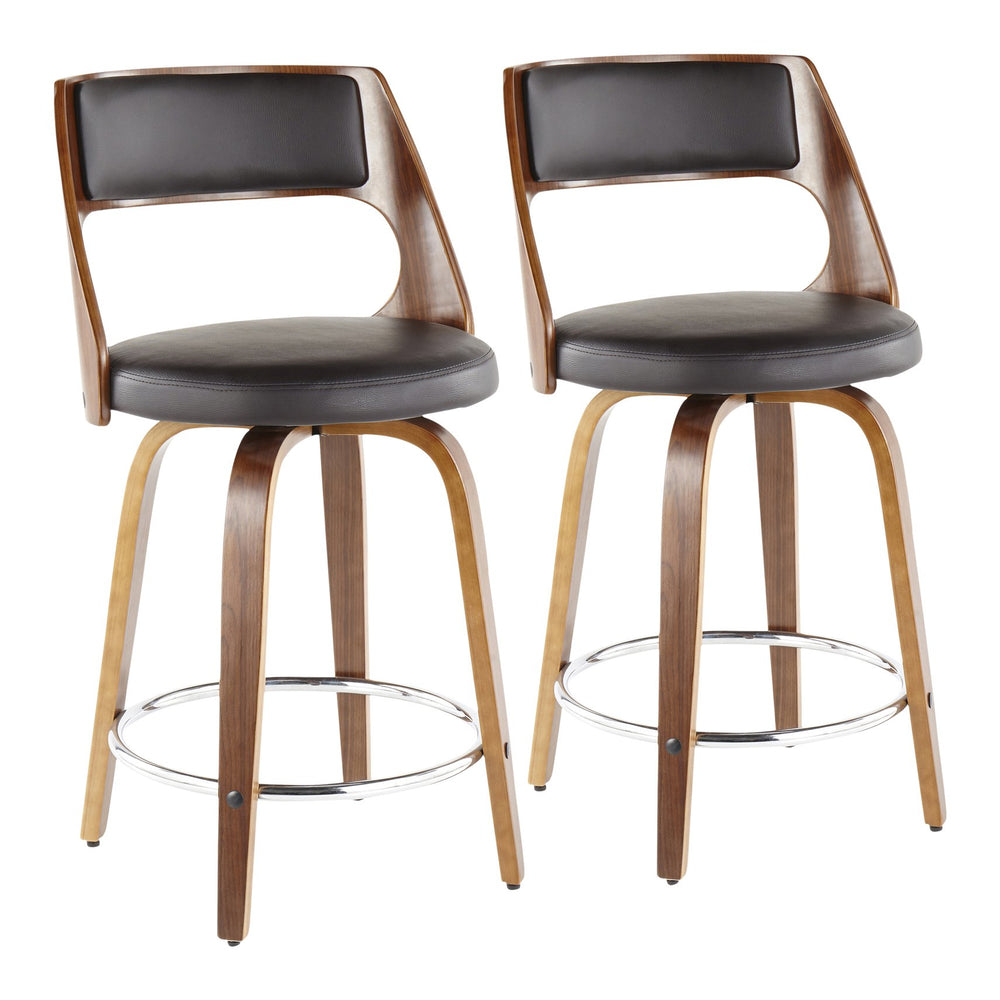 English Elm Cecina Mid-Century Counter Stool Set of 2 - Walnut Curved Frame, Brown Faux Leather Swivel Seat B202S00017