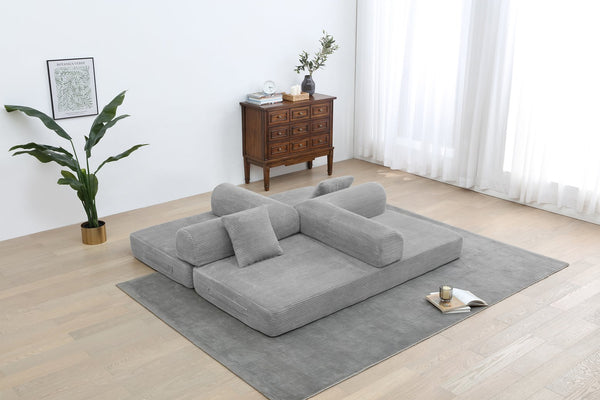 English Elm Convertible 3-Seat Sleeper Sofa Bed Corduroy Folding Floor Couch with Cylindrical Pillow, Plush Support Light Gray W3199P309003