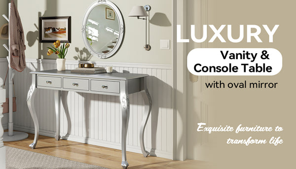 English Elm Luxury Makeup Vanity Desk with Oval Mirror and Engraved Floral Frame, Velvet Jewelry Tray, Durable Drawers and Elegant Console for Bedroom & Living Room Decor Silver N844P292481S