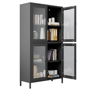 English Elm Classic Metal Storage Cabinet With 4 Glass Doors, Adjustable Shelves For Home & Office – Black Finish W2378P176372