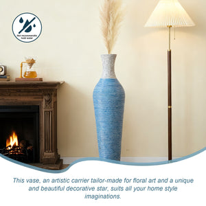 English Elm 39-Inch Tall Designer Floor Vase in Lake Blue PVC with Brushed Gold Accents for Dramatic Room Styling W2796P300933