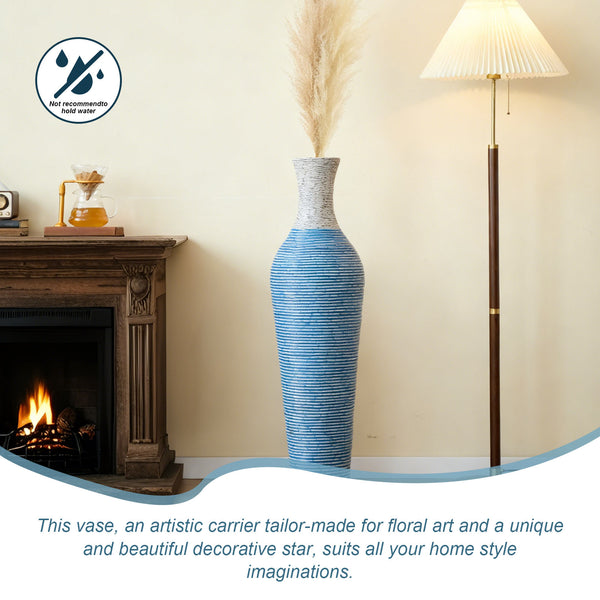 English Elm 39-Inch Tall Designer Floor Vase in Lake Blue PVC with Brushed Gold Accents for Dramatic Room Styling W2796P300933