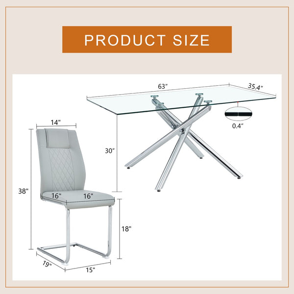 English Elm Table Modern Luxurious 7-Piece Transparent Glass Dining Set With 6 Light Gray Pu Chairs & Metal Legs W1151S04132-GIGA