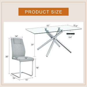 English Elm Table Set - Modern Luxurious Transparent Glass Dining Table With 4 Light Gray Pu Chairs & Metal Legs W1151S04131-GIGA