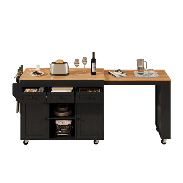 English Elm K&k Rolling Kitchen Island with Extendable Table Open Shelving and Built-in Power Outlet Black N707P360278B