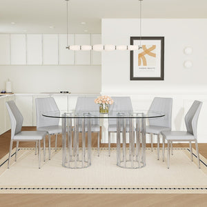 English Elm Table and Chair Set Oval Tempered Glass Top Six Seat Contemporary Dining Light Gray,Silver,Transparent W1151S04742