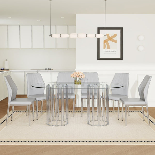 English Elm Table and Chair Set Oval Tempered Glass Top Six Seat Contemporary Dining Light Gray,Silver,Transparent W1151S04742