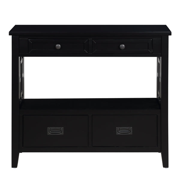 English Elm 36'' Farmhouse Pine Console Table with 4 Drawers & Open Shelf, Solid Wood MDF, Retro-Modern Entryway Accent W1202P251878