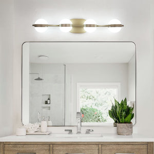 English Elm 28" Golden Minimalist LED Bathroom Vanity Light with Crystal Sand Shades, 4-Light Champagne Gold Modern Fixture for Mirror W2312P374867