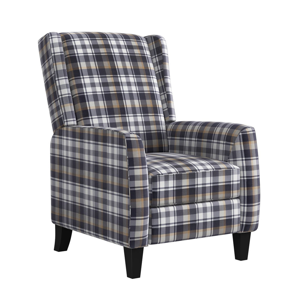 English Elm The Savannah Recliner Grey Plaid Velvet Pushback 2-Position Wingback Sofa Chair with Espresso Legs B127P234385