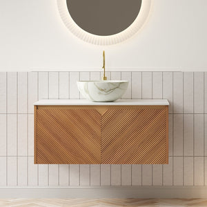 English Elm Dina Floating Bathroom Vanity Sintered Stone Top Glass Basin Striped Plywood Cabinet W2615S00579