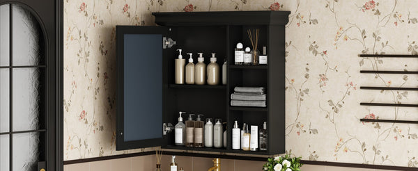 English Elm 30'' Wall-Mounted Medicine Cabinet with Mirror and Adjustable Shelves, Modern MDF Storage Organizer Black N710P209425B