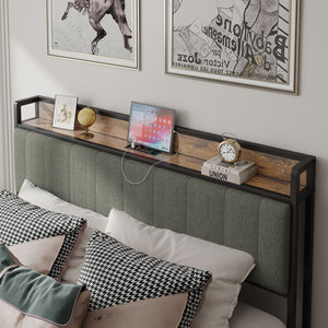 English Elm Queen Upholstered Bed Frame with USB & Outlets, Metal Platform, Vintage Shelf, 10.4" Storage Clearance W1960P162712