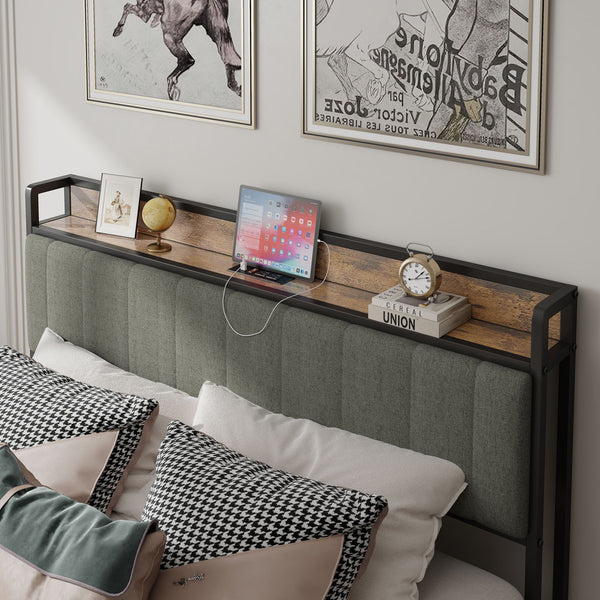 English Elm Queen Upholstered Bed Frame with USB & Outlets, Metal Platform, Vintage Shelf, 10.4" Storage Clearance W1960P162712