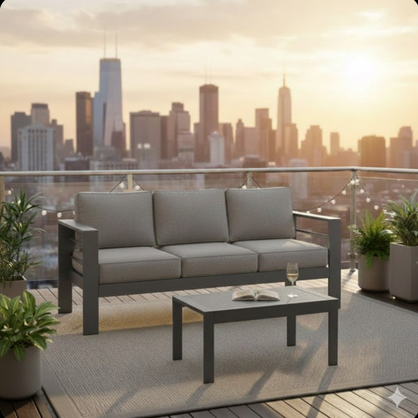 English Elm 2 Piece Outdoor Iron Patio Sofa Set with Thick Cushions and Wood Grain Coffee Table Gray+Gray B082P455116