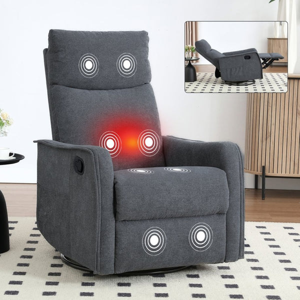 English Elm Heat Massage Rocker Recliner with Swivel Base and Vibrating Nodes for Living Room Grey W1803P251887