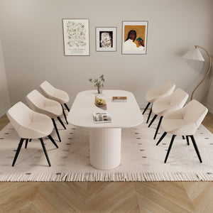 English Elm 63" Cream Mdf Dining Table Set With 6 Beige Pu Chairs & Black Metal Legs – Modern Mid-Century Style W2189S00681