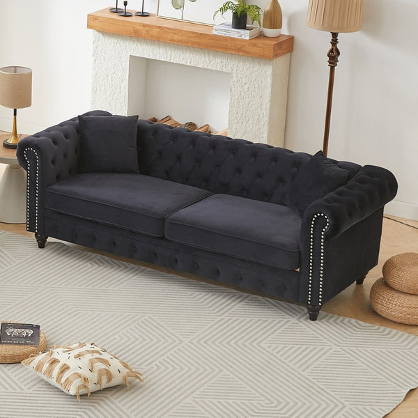 English Elm Fx Chesterfield Sofa Hand Tufted Tech Fabric Three Seat Living Room Couch Black W1926S00118