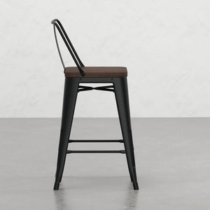 English Elm Keeley 24in Metal and Solid Elm Wood Counter Stools Set of 4 — Curved Backs, Footrests, Durable Finish Black B2732P253606