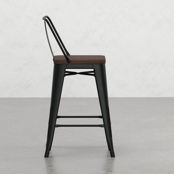 English Elm Keeley 24in Metal and Solid Elm Wood Counter Stools Set of 4 — Curved Backs, Footrests, Durable Finish Black B2732P253606