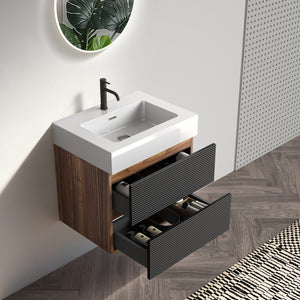 English Elm 24' Mid-Century Wall-Mounted Vanity with Engineered Quartz Basin, Hidden Handle, Extra Storage, Soft-Close Drawers Black+Brown W1865S00170