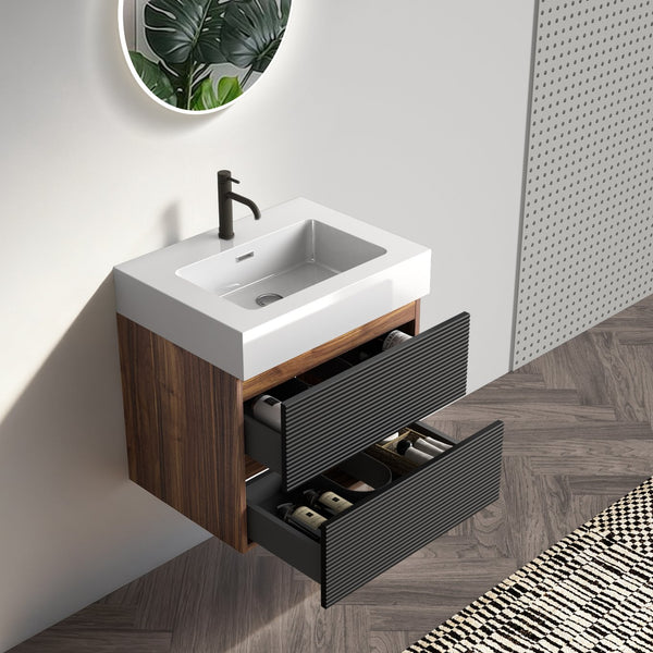 English Elm 24' Mid-Century Wall-Mounted Vanity with Engineered Quartz Basin, Hidden Handle, Extra Storage, Soft-Close Drawers Black+Brown W1865S00170