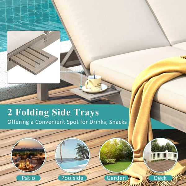 English Elm Trexm Acacia Wood Double Chaise Lounge Outdoor with Folding Trays and Foam Cushions TM000015AAE