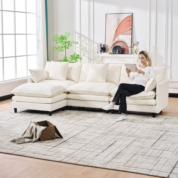 English Elm 140.9-inch U-shaped Modular Sectional Sofa with Ottomans Chenille Cloud Cushions Beige W288S00029