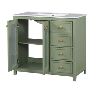 English Elm 36-inch ceramic basin vanity with patterned glass doors, gold round handles & ample storage drawers Green N729P184710F