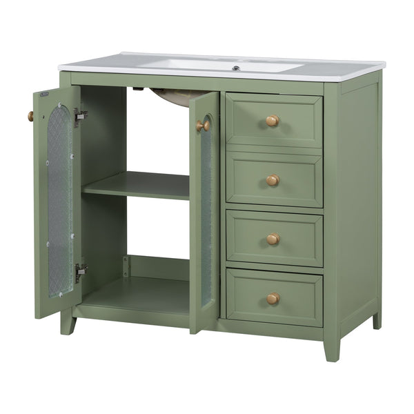 English Elm 36-inch ceramic basin vanity with patterned glass doors, gold round handles & ample storage drawers Green N729P184710F