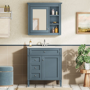 English Elm 30'' Freestanding Bathroom Vanity Set with Mirror Cabinet Ceramic Sink Soft Close SW000126AAM-1