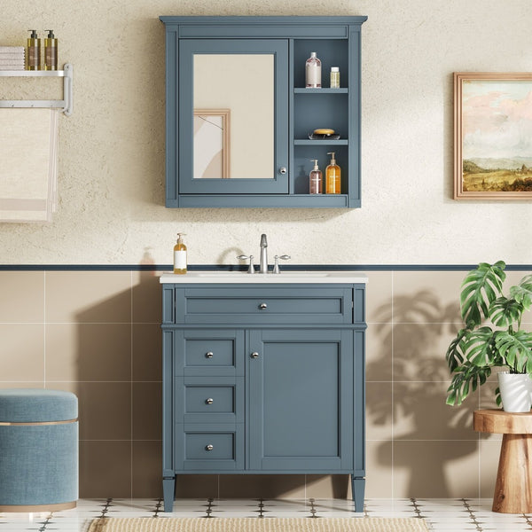 English Elm 30'' Freestanding Bathroom Vanity Set with Mirror Cabinet Ceramic Sink Soft Close SW000126AAM-1