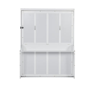 English Elm Queen Murphy Wall Bed with Integrated Desk Gas Strut Lift White Cabinet for Small Spaces W504S00282