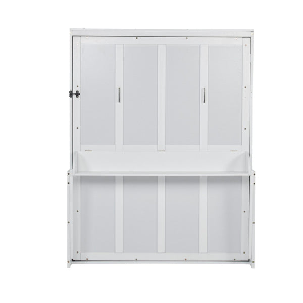 English Elm Queen Murphy Wall Bed with Integrated Desk Gas Strut Lift White Cabinet for Small Spaces W504S00282