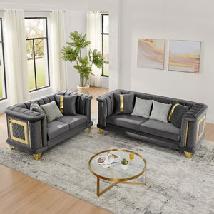 English Elm 2pcs Velvet Tufted Sofa Set with Gold Steel Trim Victorian Glam Living Room W1191S00105
