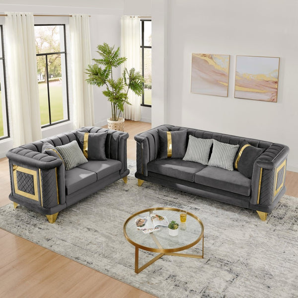 English Elm 2pcs Velvet Tufted Sofa Set with Gold Steel Trim Victorian Glam Living Room W1191S00105